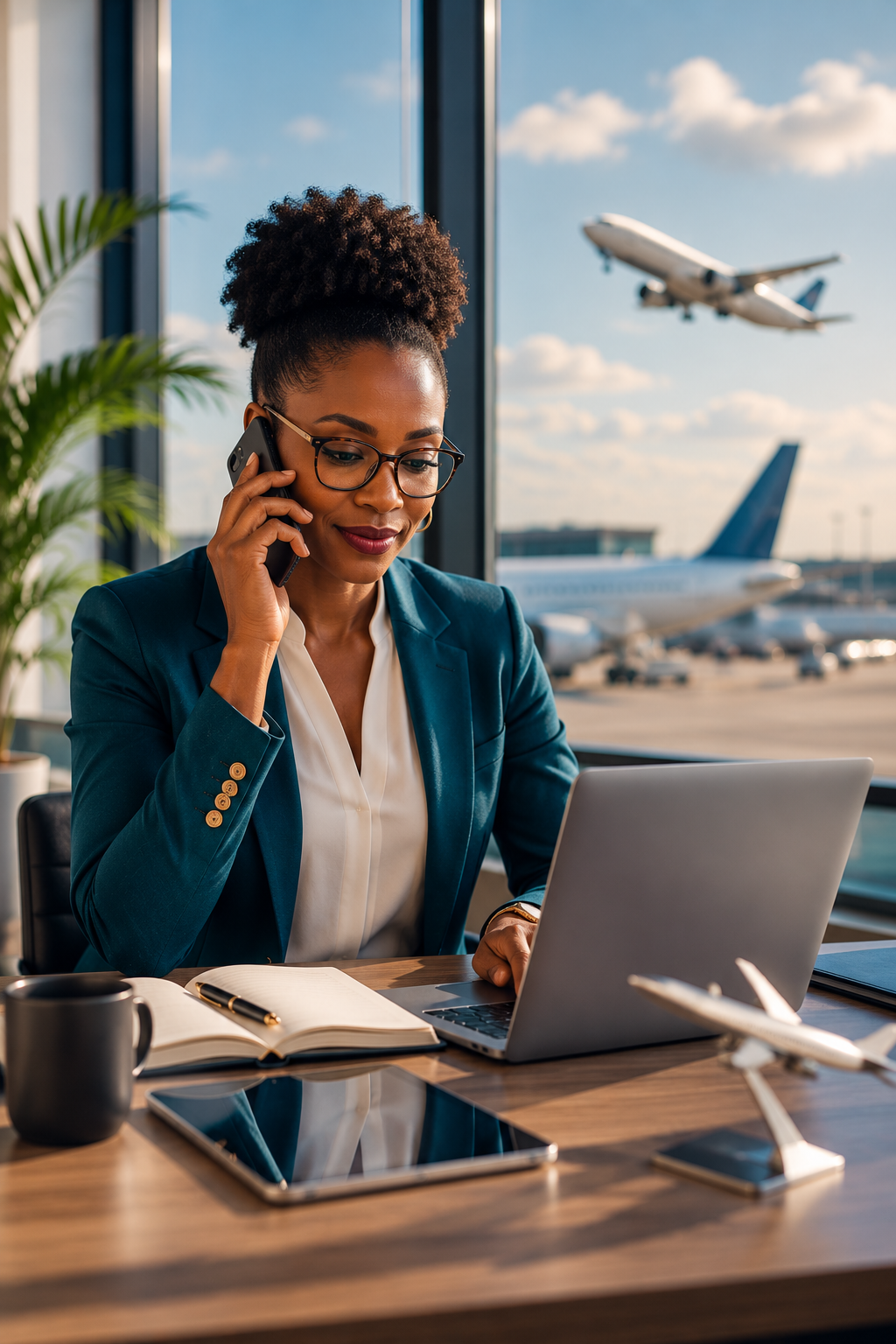 Professional aviation consultant speaking on the phone while working on a laptop in a modern office overlooking an airport.