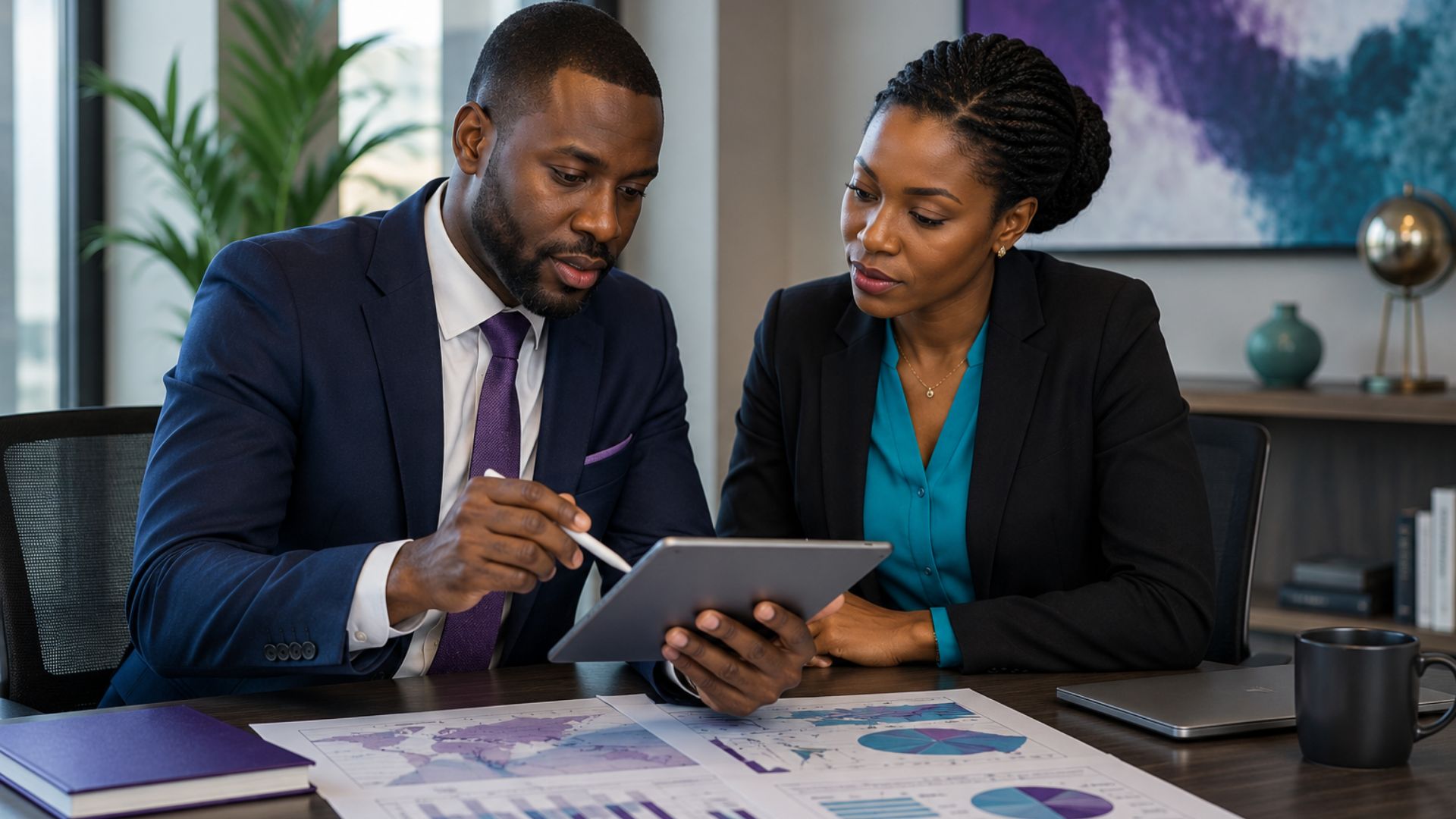 Two business professionals reviewing strategic plans on a tablet during a meeting in a modern corporate office.