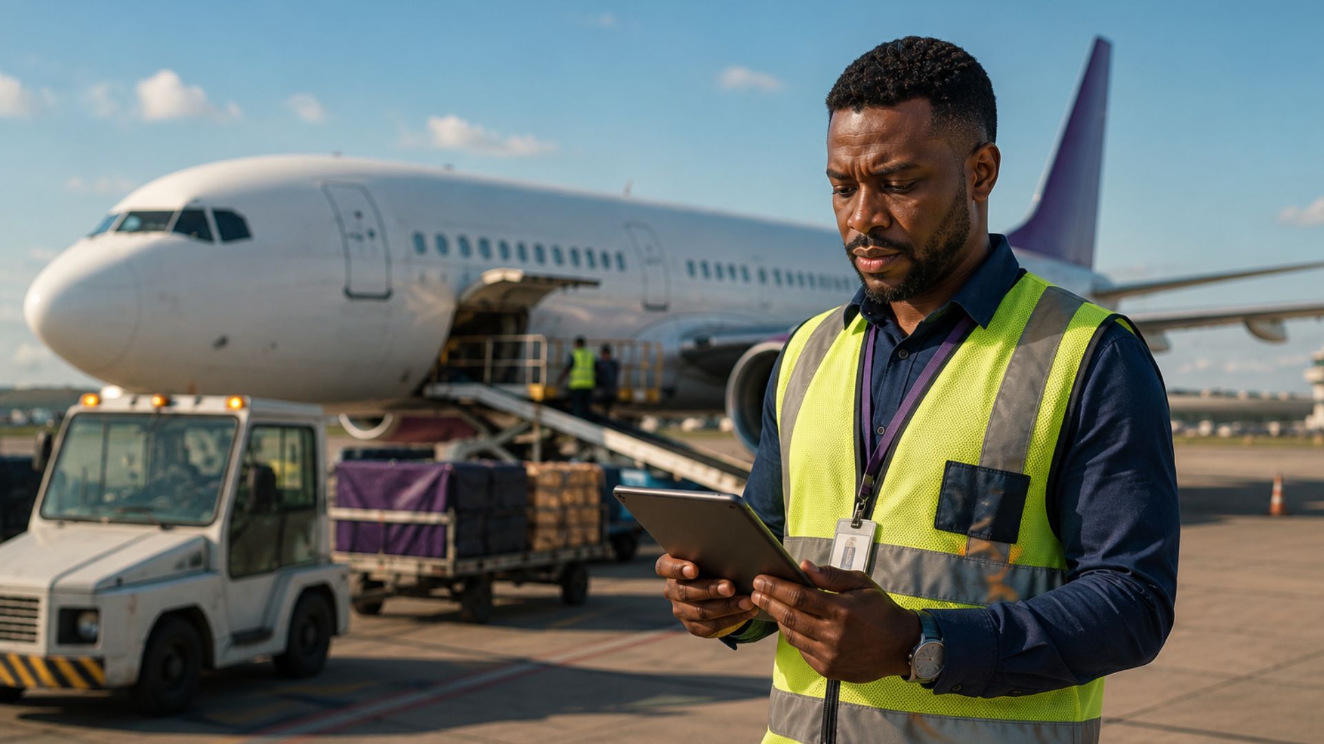 Aviation operations specialist monitoring aircraft turnaround and ground support operations using a digital tablet.