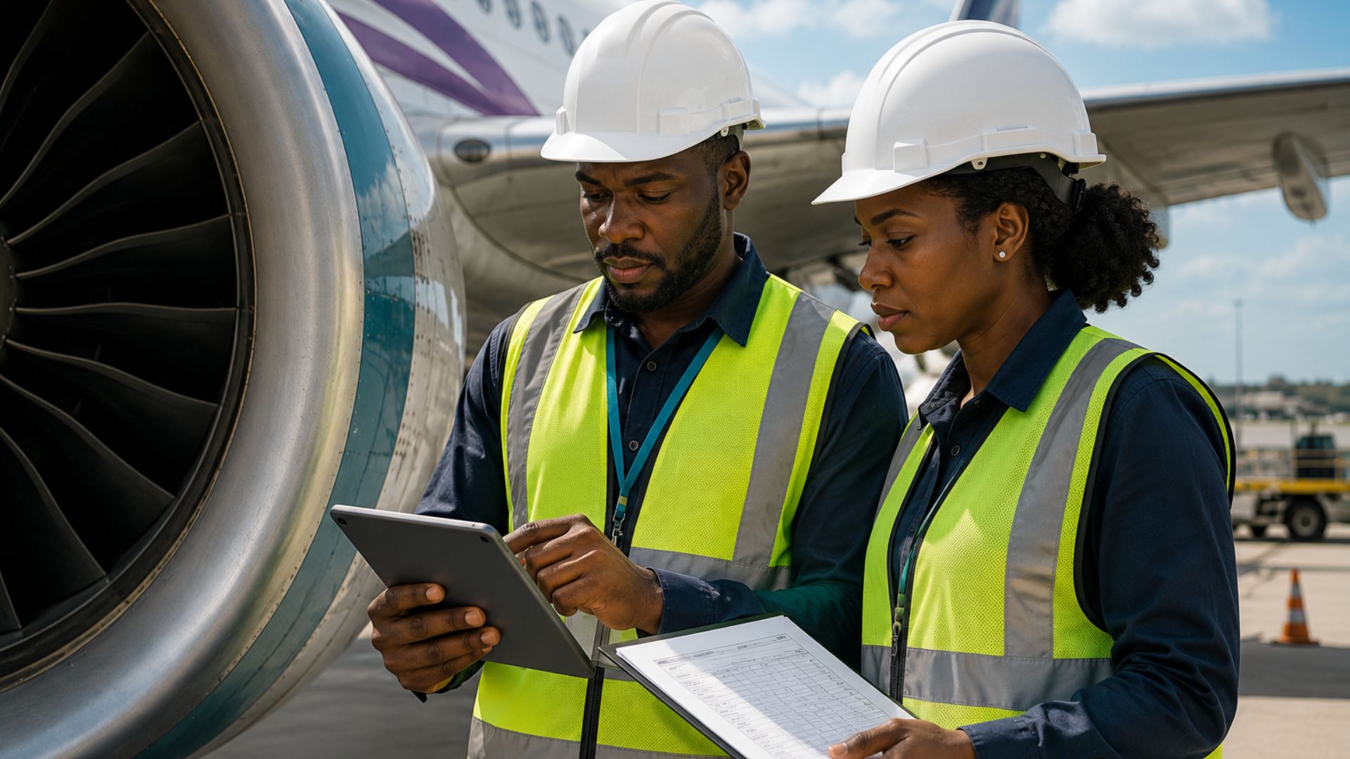 Two aviation safety professionals conducting an aircraft inspection beside a commercial jet engine.